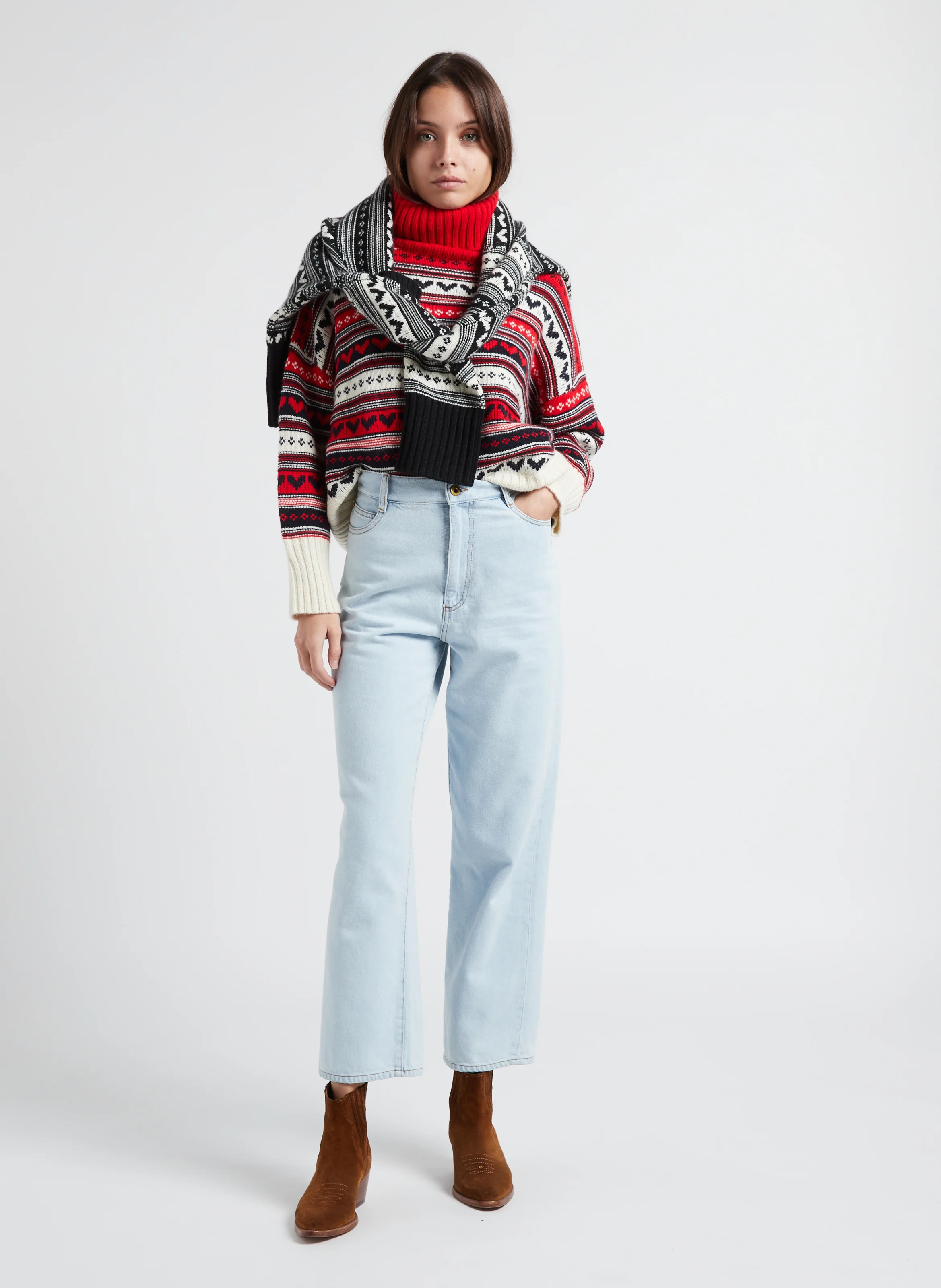 LOULOU - Pull col roulé imprimé en cachemire| Rouge