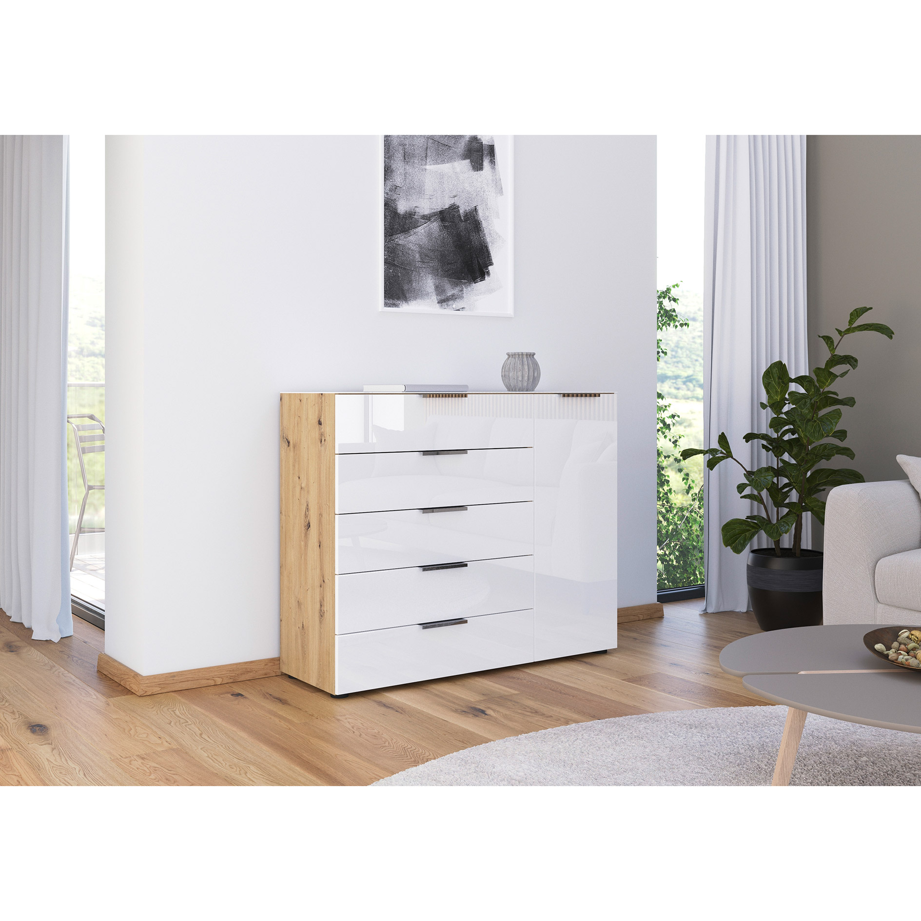 Kommode - Artisan Eiche - Kristallweißglas - Chromgriffe - 120 cm