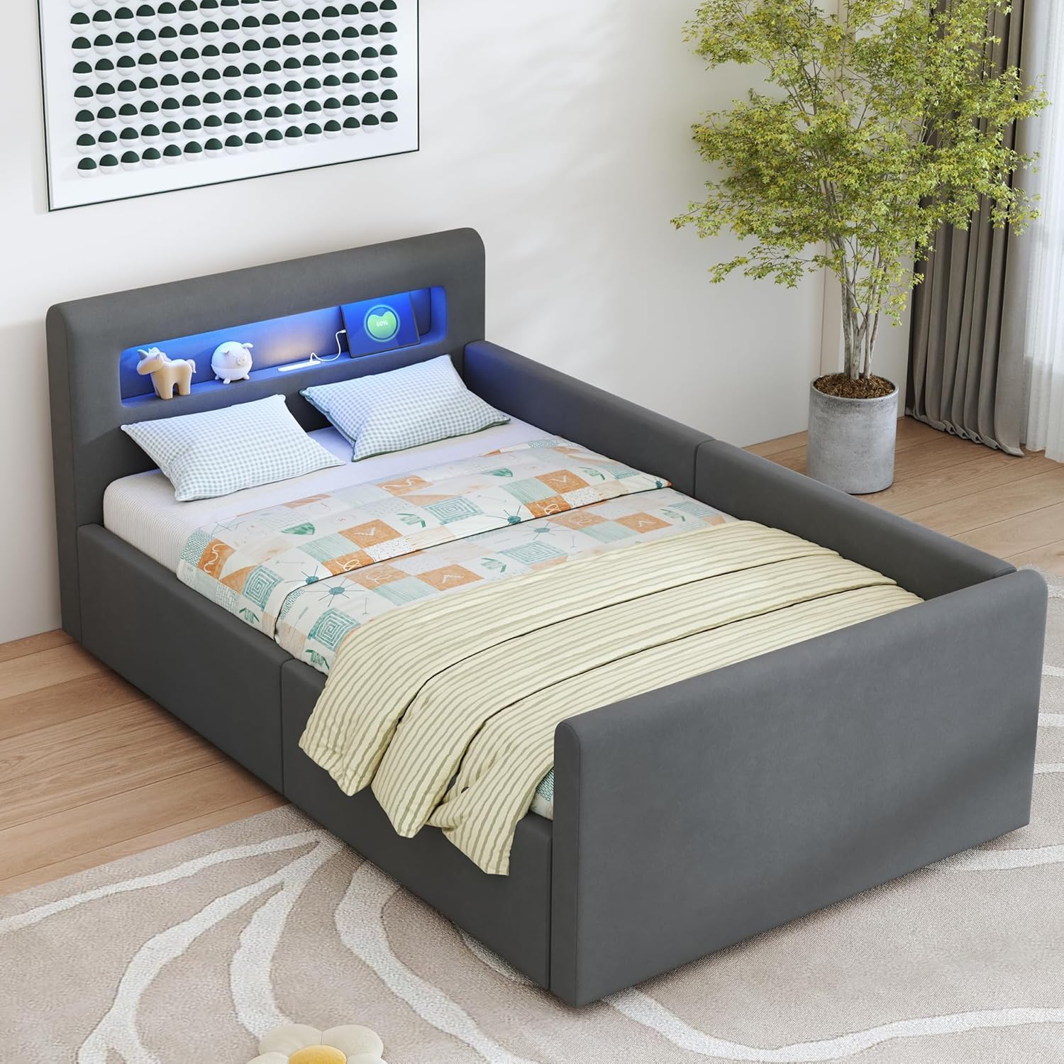 okwish Polsterbett Kinderbett 90x200 cm, Jugendbett mit hydraulischem Stauraum, LED Nachtlicht & USB-Anschluss, Samtstoff, Dunkelgrau, ohne Matratze