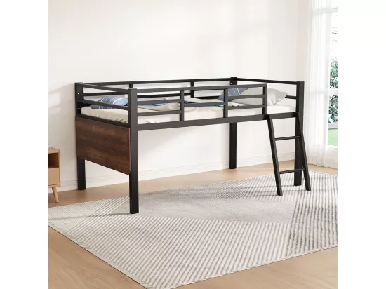 Lit plat en métal 90 x 200 cm, rails, échelle, bureau, télécommande Bande LED, noir