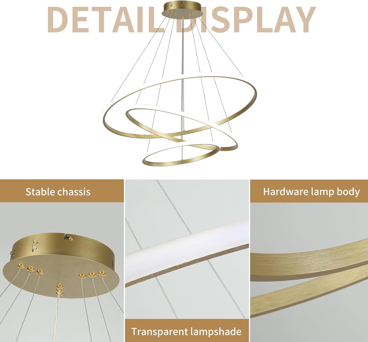 LED-Pendelleuchte, dimmbare Acryl-3-Ring-Pendelleuchte, goldene moderne Pendelleuchte, Esstisch für Kücheninsel, Esszimmer, Wohnzimmer, Schlafzimmer, Eingangshalle, hängend, 40 + 60 + 80 cm, 82 W