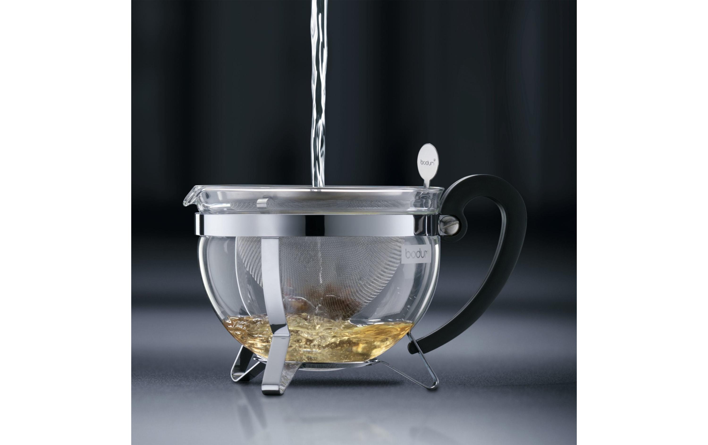 Teebereiter Chambord verchromt, 1 lRunde Teekanne aus Glas