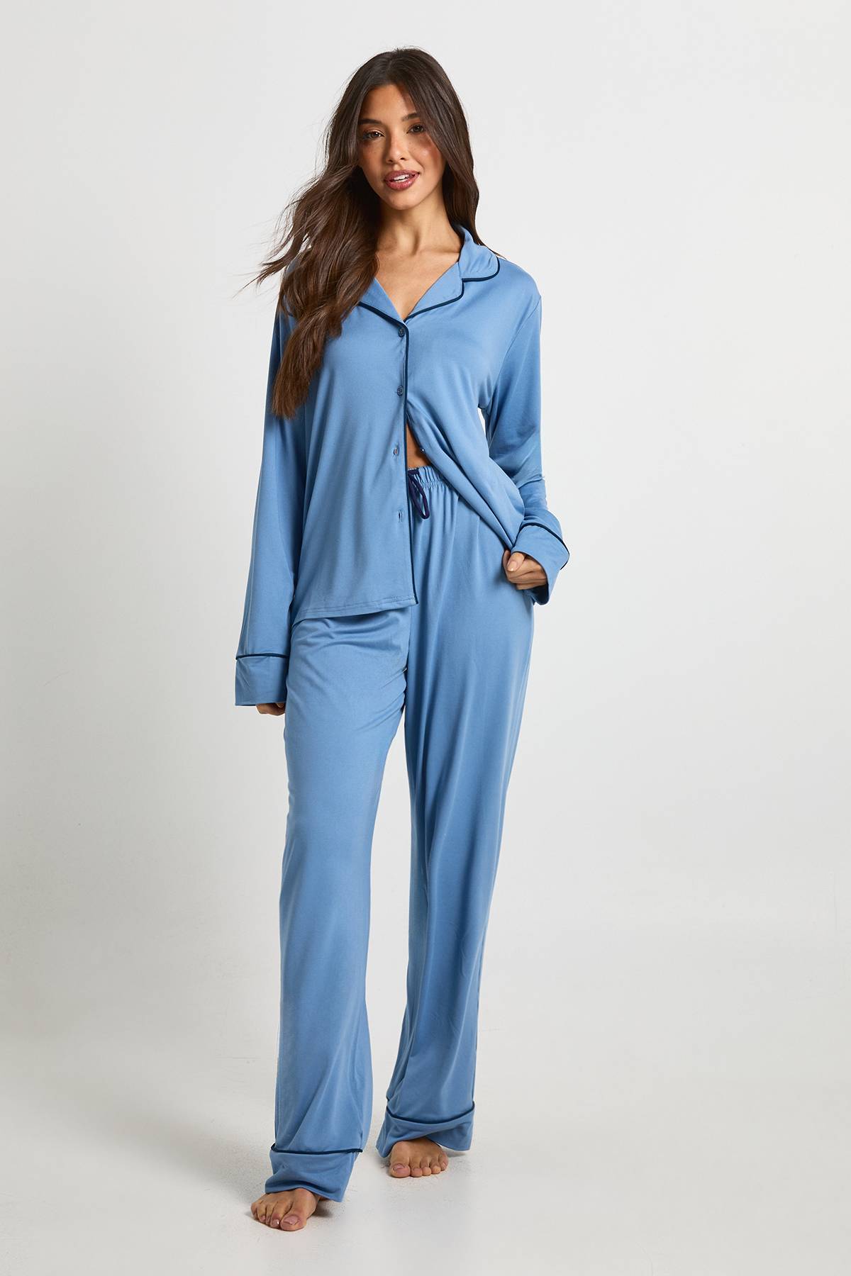 boohoo Ensemble Pyjama Jersey à Détails Passepoil Chemise Manches Longues & Pantalon