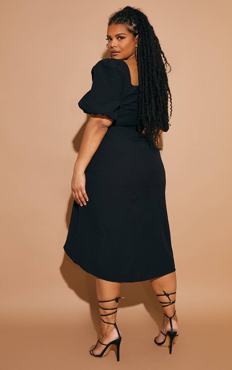 Noir Robe Midi Grande Taille À Manches Bouffantes Froncée Avec Fente Latérale