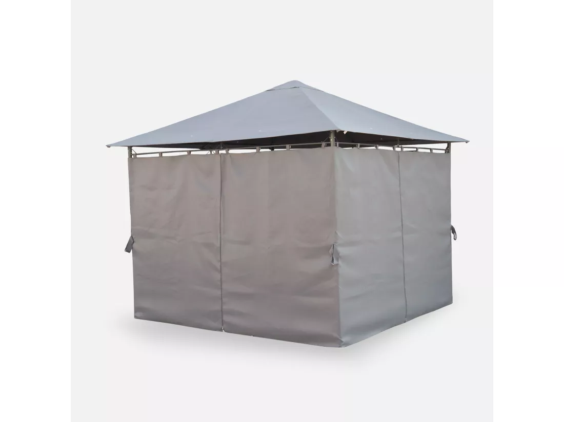 Tonnelle 3x3 m - Elusa - Toile grise - Pergola avec rideaux. tente de jardin. barnum. chapiteau. réception