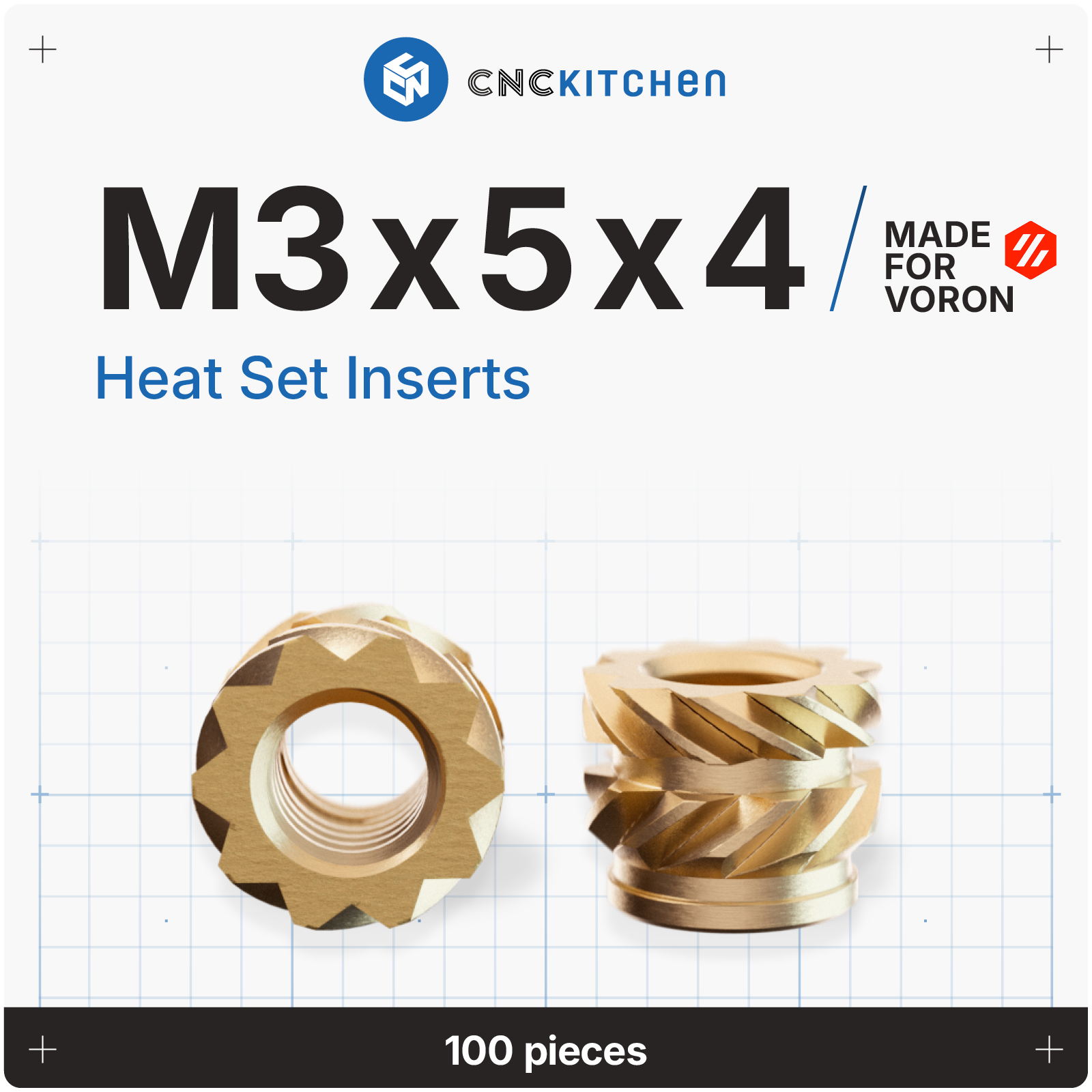 CNC Kitchen  Gewindeeinsatz M3 VORON, M3x5x4 (100 Stk)    Präzisionsgefräste Inserts aus Messinglegierung