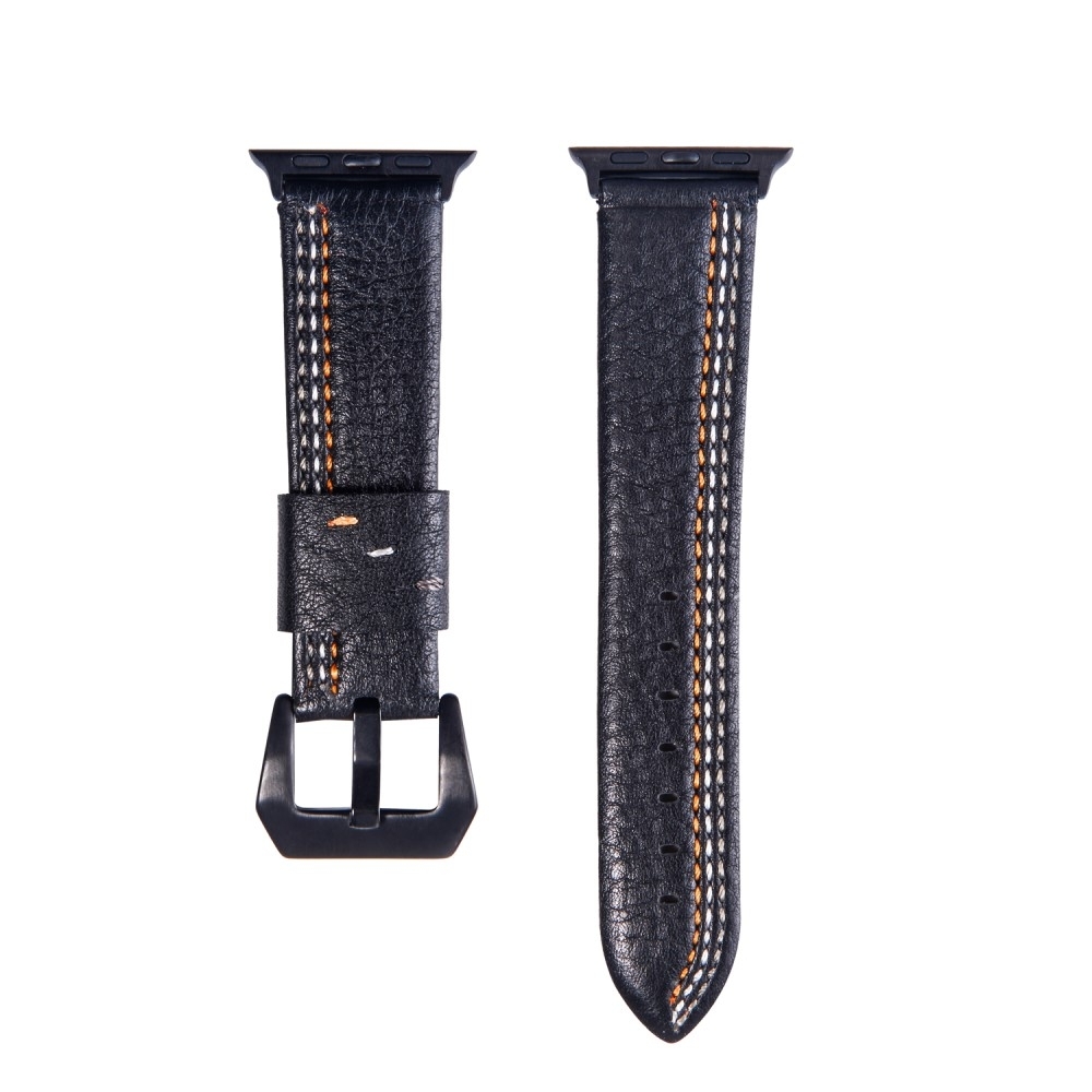 Apple Watch (49/46/45/44 mm) Echtleder Armband mit Metallverschluss (Gelenkumfang 180-230 mm) - Schwarz