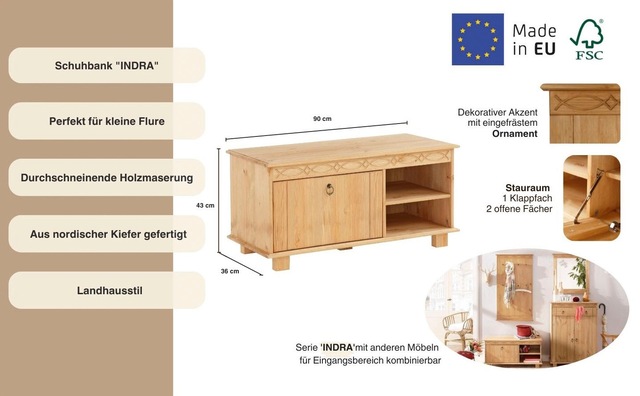 Home affaire Schuhbank »Indra« aus massiver Kiefer, FSC®, Breite 90 cm, dezentes Ornament