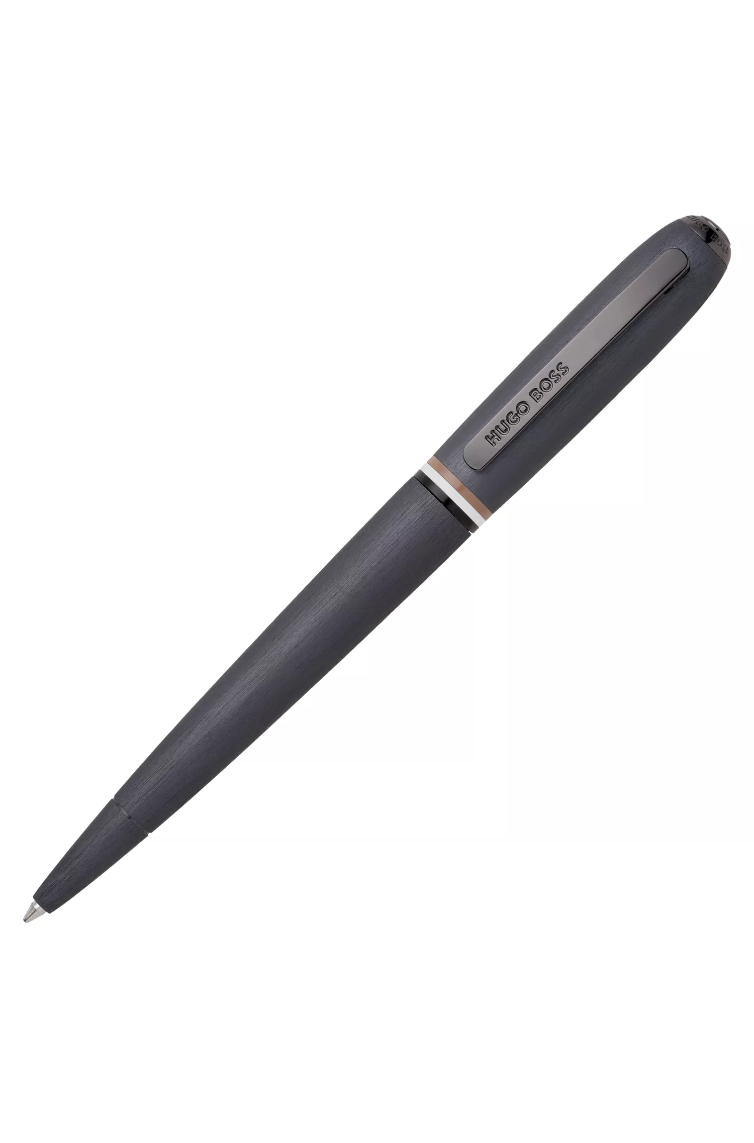 Caneta esferográfica BOSS preta escovada com anel listrado característico.