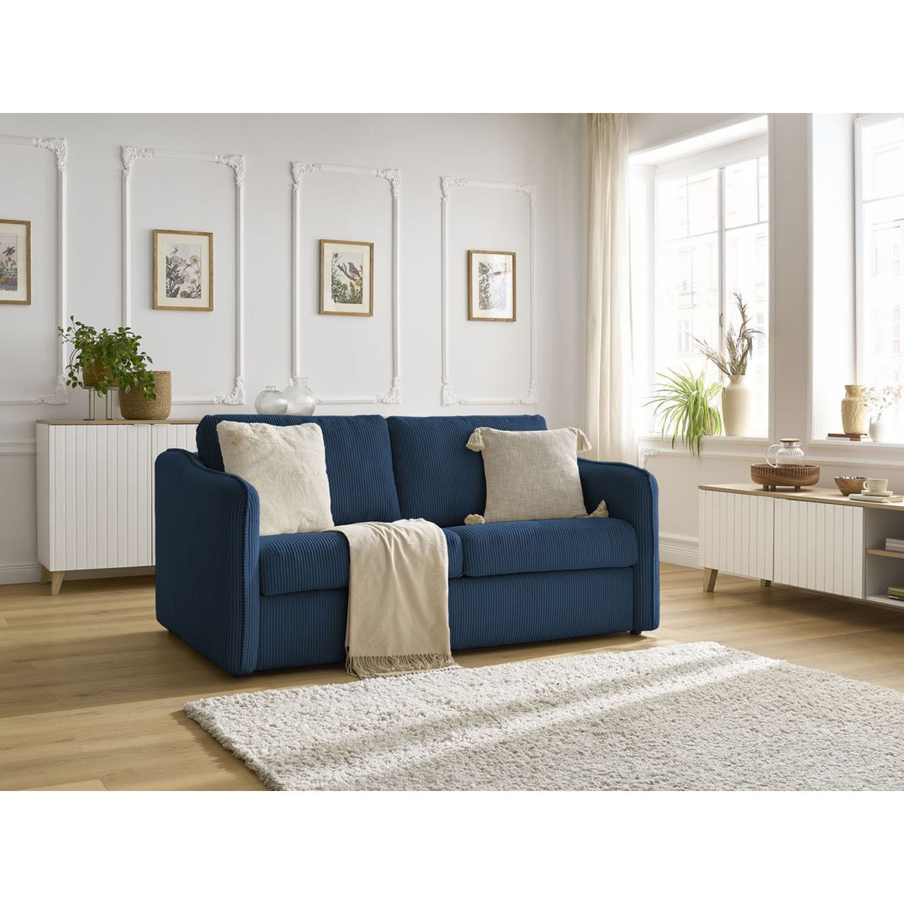 Bobochic Canapé droit convertible express en Velours côtelé 3 places Lenny bleu foncé - 178x102x89 cm