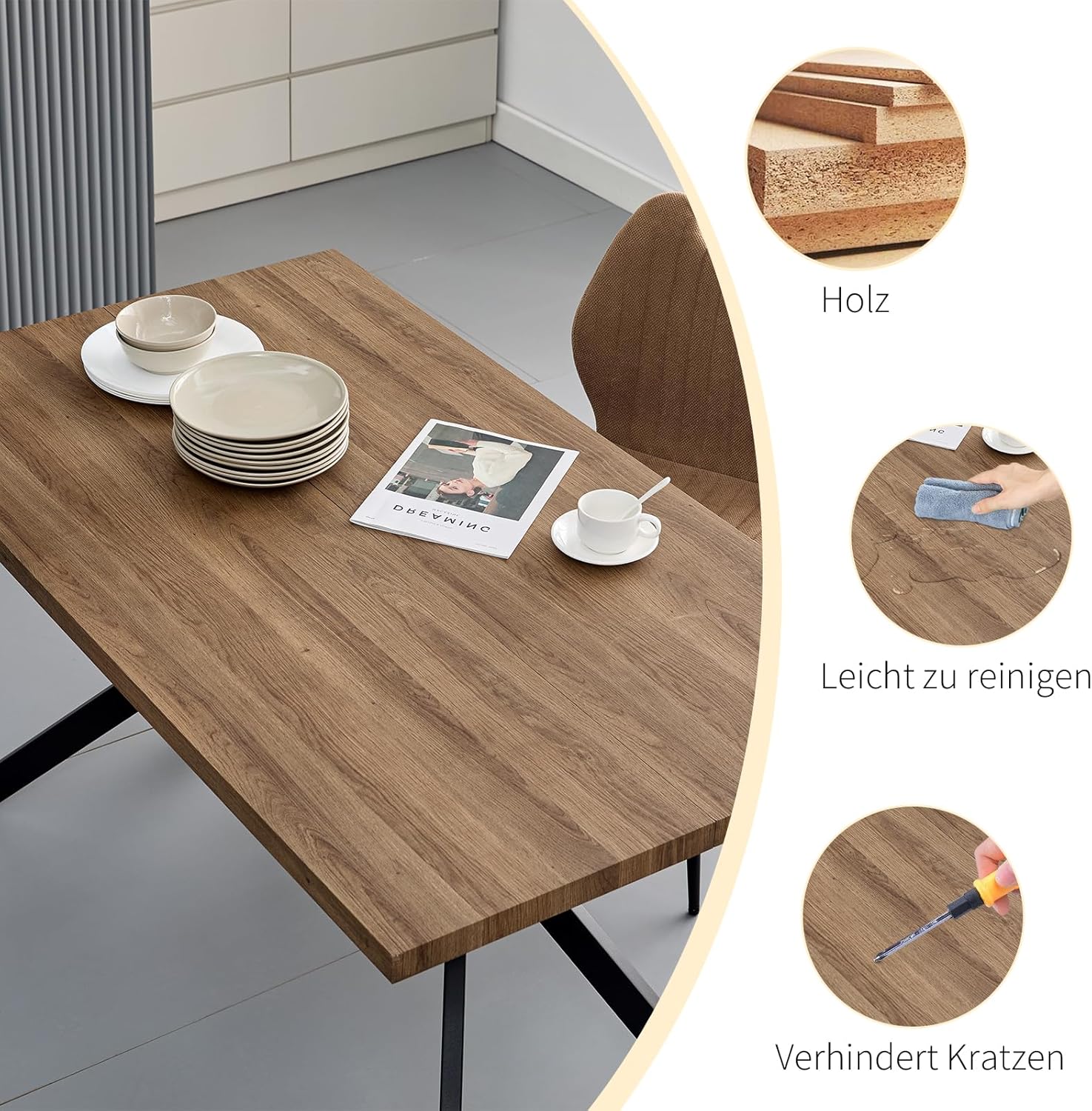 Essgruppen Esstisch mit 6 Khaki Stühlen,140 x 80 x 76 cm Rechteckig Esstisch aus Holz mit Esszimmerstühle mit technisches Tuch,für Küche Esszimmer und Wohnzimmer