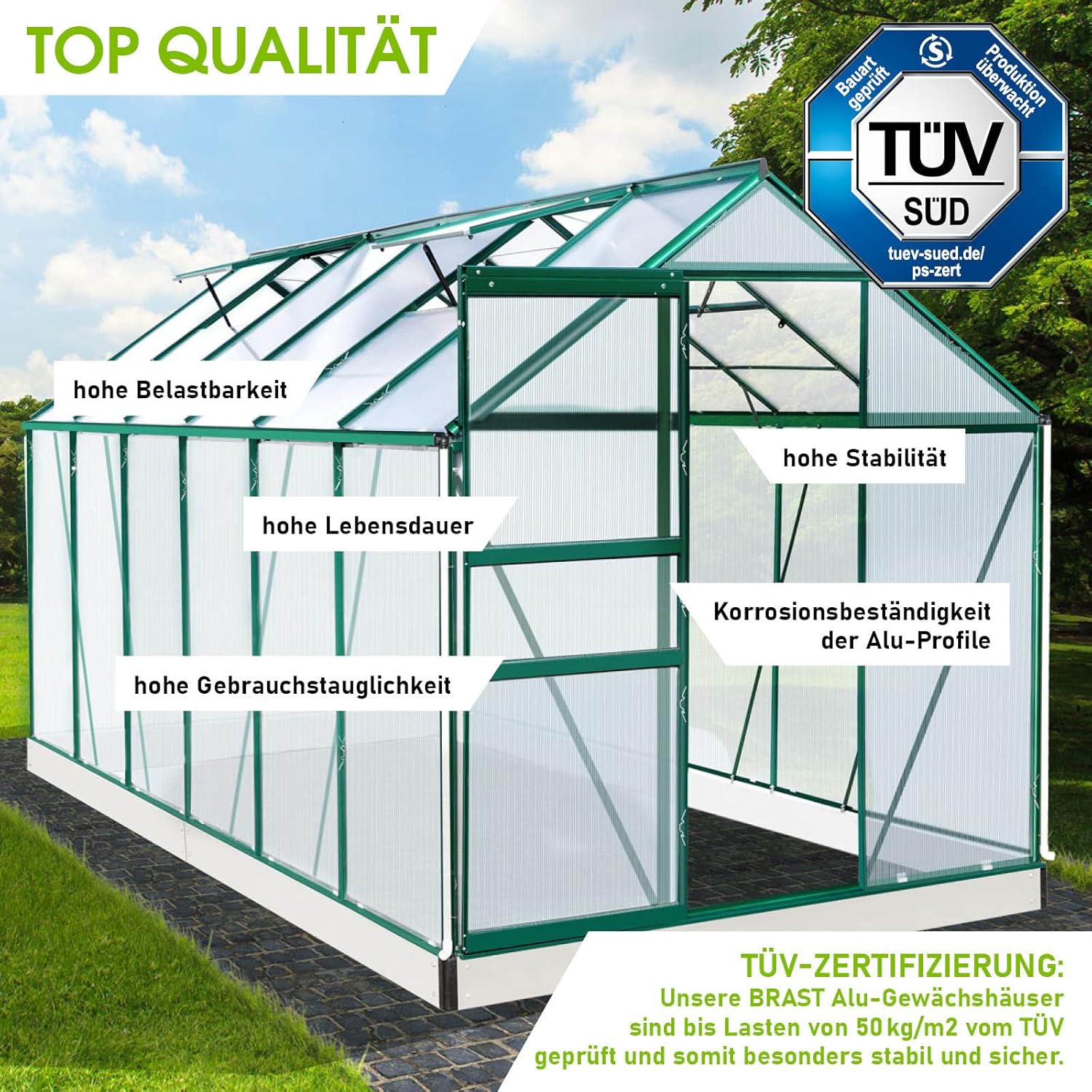 BRAST Gewächshaus Aluminium mit Fundament | 42 Modelle | 130x190x195cm - 490x250x235cm | TÜV geprüft | 6mm Hohlkammerplatten | rostfrei wetterfest temperaturbeständig | 380x190x195cm Grün