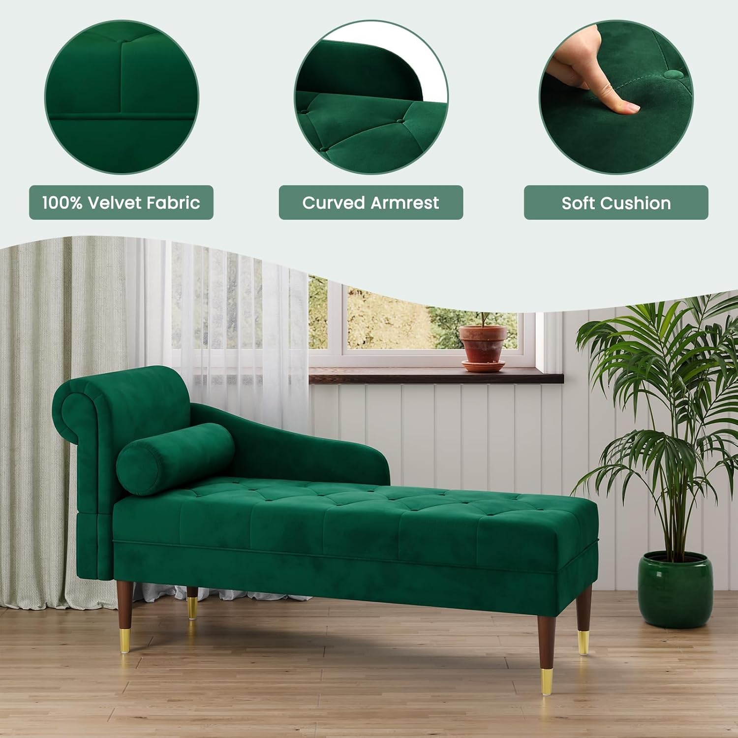 Vesgantti Velvet Chaiselongue, Indoor Lounge Sofa mit linker  Armlehne und Lendenkissen, Recamiere für Wohnzimmer, Schlafzimmer und Büro, Samt Loungesessel 149.5 x 54 x 76CM