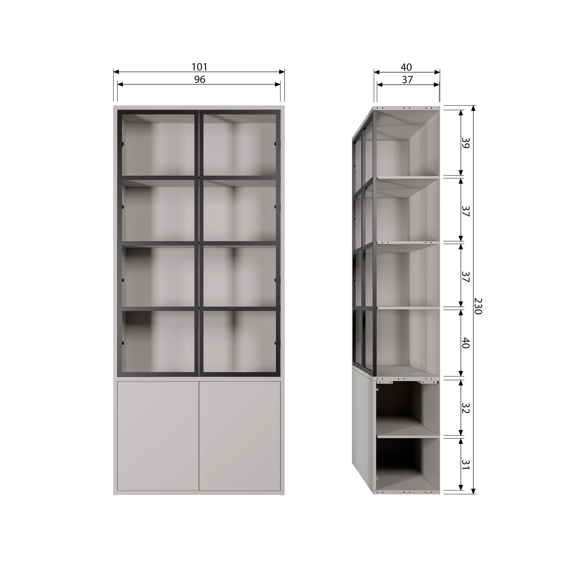 Vitrine BASIC 101 x 230 cm nebelgrau/schwarz
