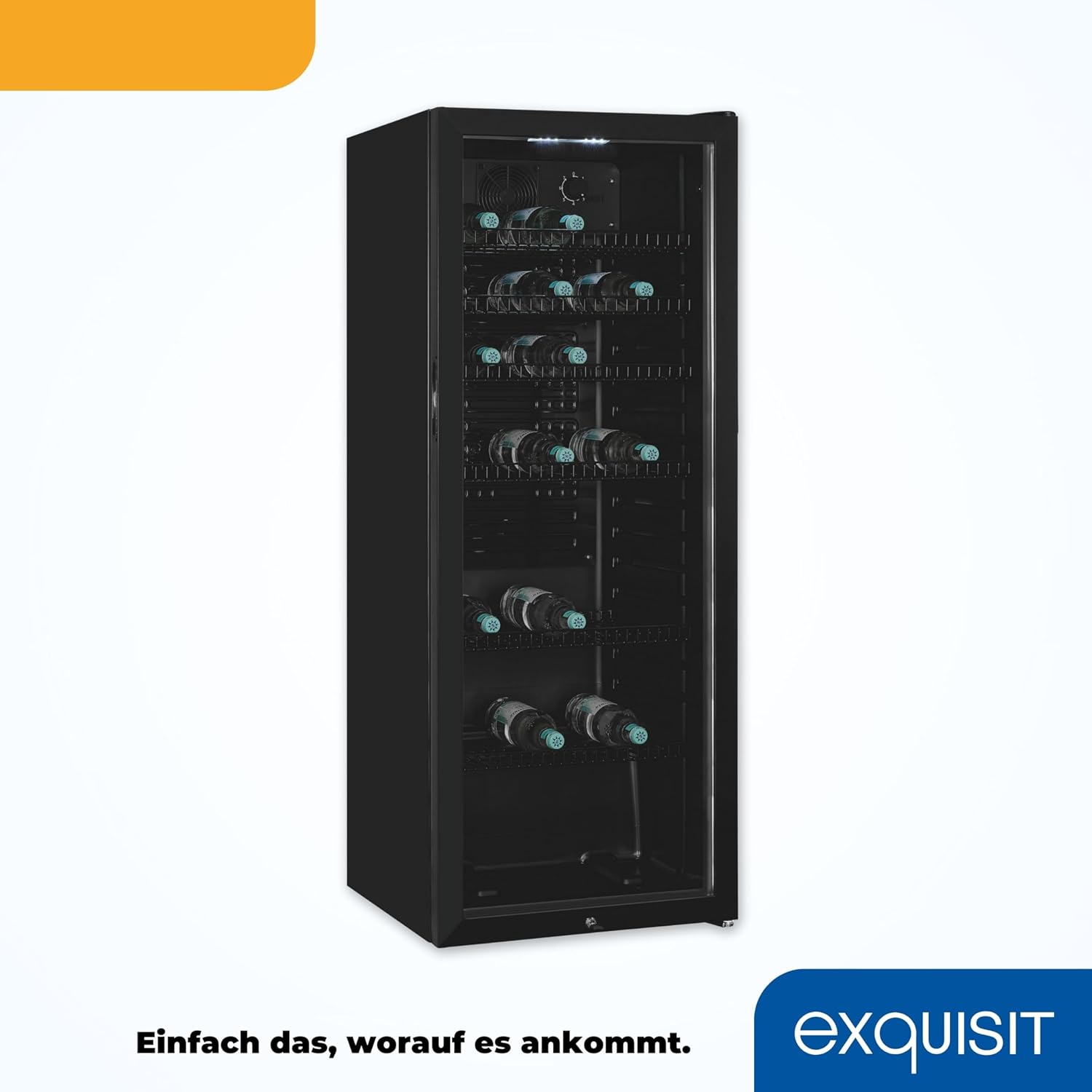 Exquisit Glastürkühlschrank GKS240-GT-160C schwarz | Nutzinhalt: 237 L | Türschloss | 6 Gitterablagen | Umluftventilator | Standgerät