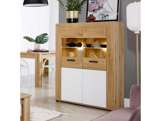 Vaisselier 2 portes Blanc/Bois clair à Led - ABOKI - L 99 x l 40 x H 136 cm
