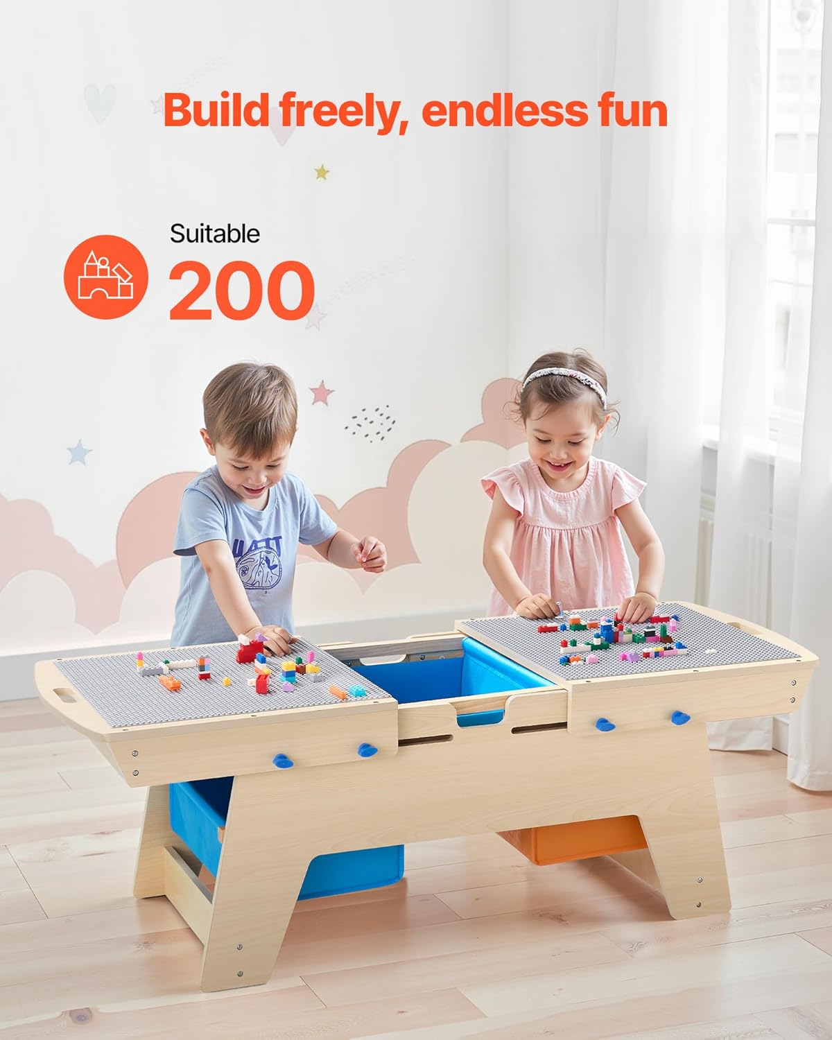 VEVOR Kindertisch 905 x 497 x 393 mm, Aktivitätstisch aus Holz, Mehrzweck-Spieltisch mit 200 Bausteinen und 3 Aufbewahrungsbehältern, Bausteintisch, Geschenk für Kinder ab 3 Jahren, Holzfarbe