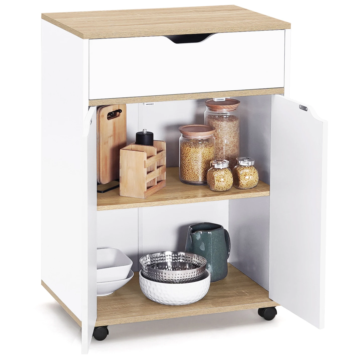 Desserte de cuisine COSY placard avec tiroir bois blanc et plateaux façon hêtre L.60 CM