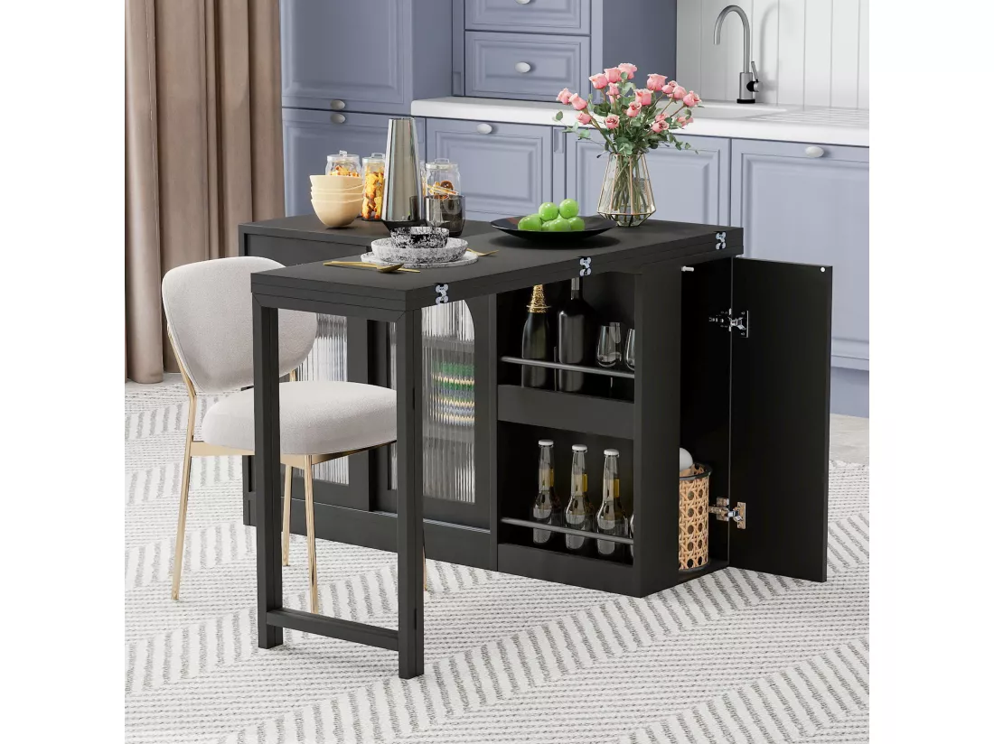 Ilot central de cuisine - avec plateau escamotable pivotante - avec portes vitrées et espace de rangement - MDF - Noir