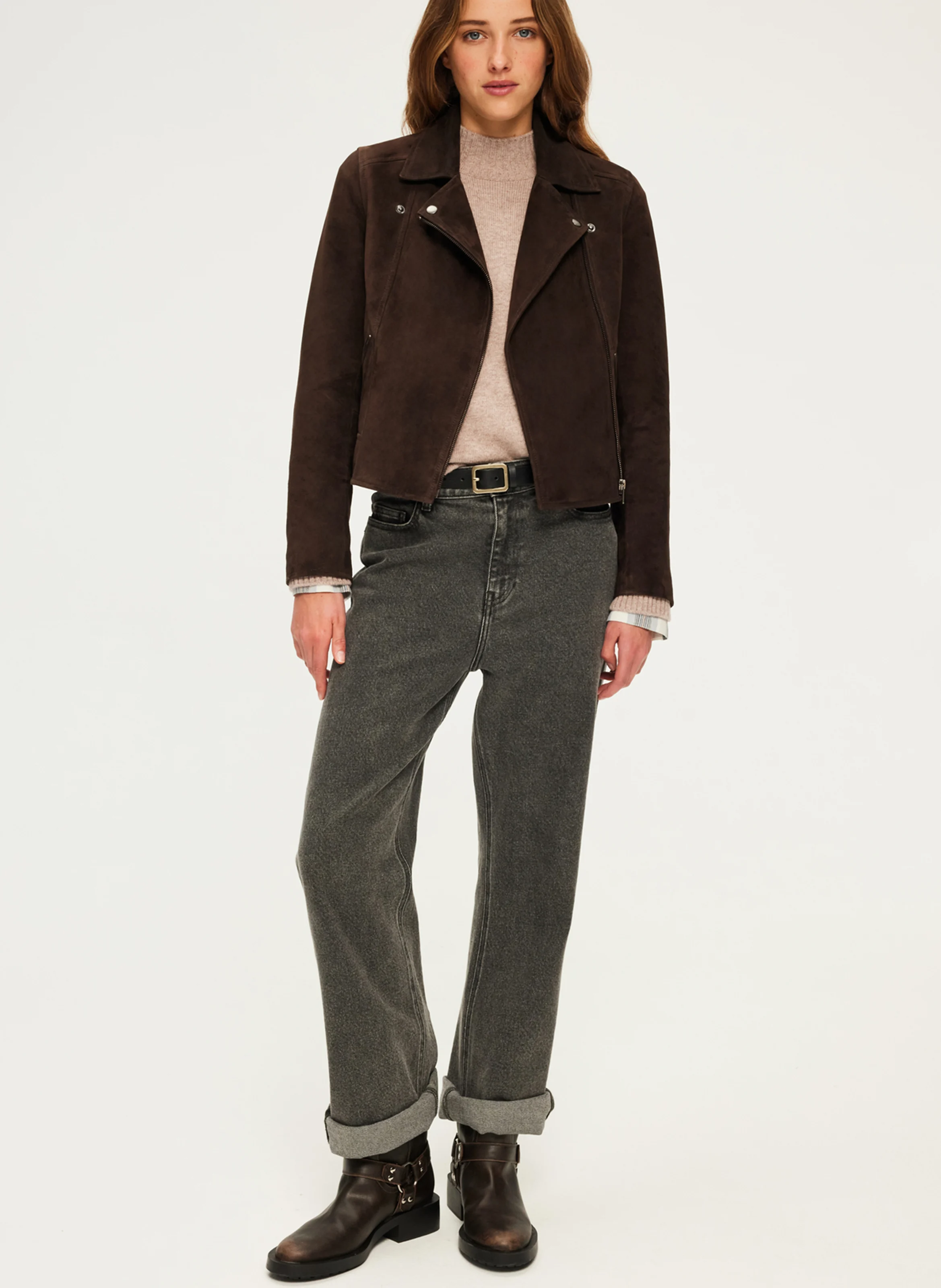 BIBIANE - Veste droite col tailleur en cuir | Marron