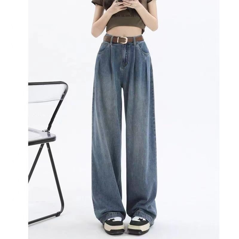 Everose - High Waist Washed Wide Leg Jeans