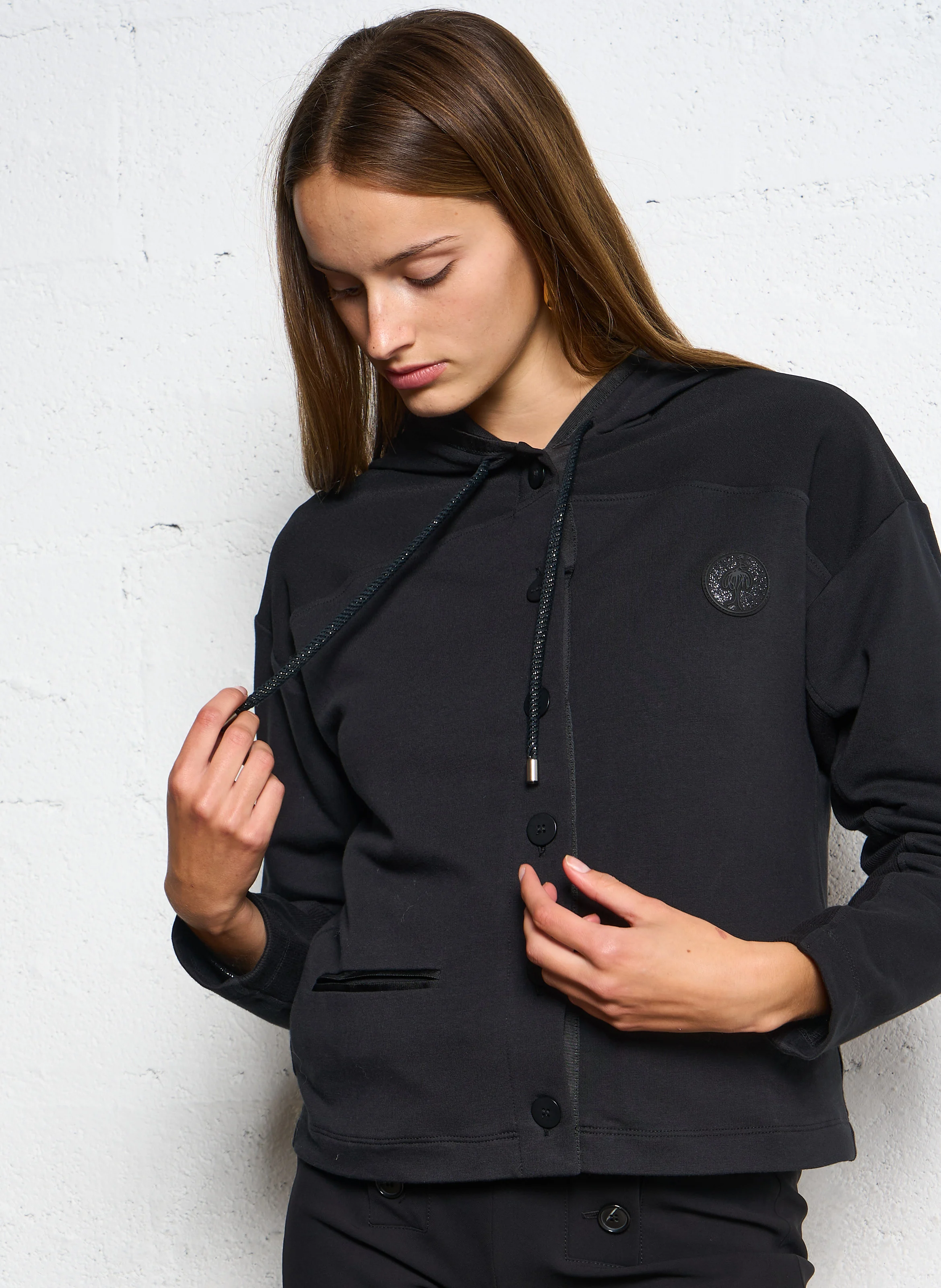 MABOIA - Gilet droit à capuche en coton mélangé | Noir