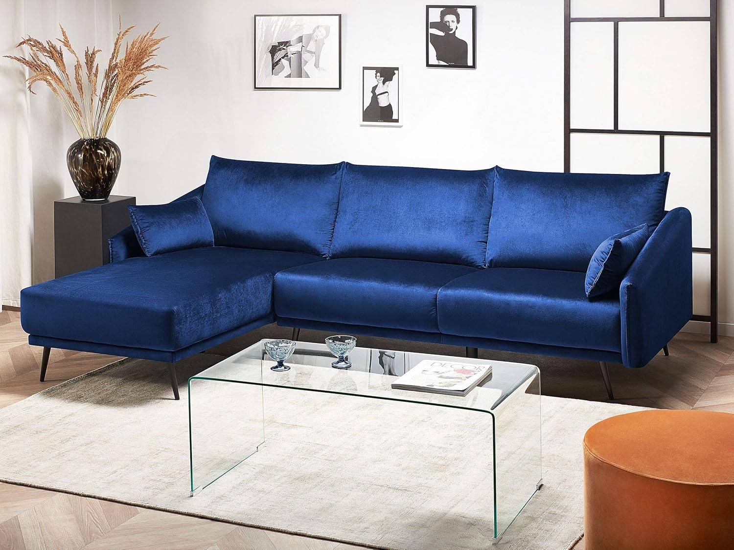 Beliani 3-Sitzer Ecksofa Samt Marine blau Sofa mit Kissen Chaiselongue rechts Varde