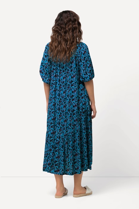 Midikleid, Ranken, Volantsaum, Rundhals, Halbarm