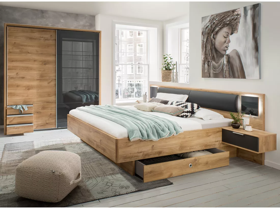 Chambre à coucher complète adulte (lit 160x200 cm Queen Size + 2 chevets + 1 tiroir + armoire)