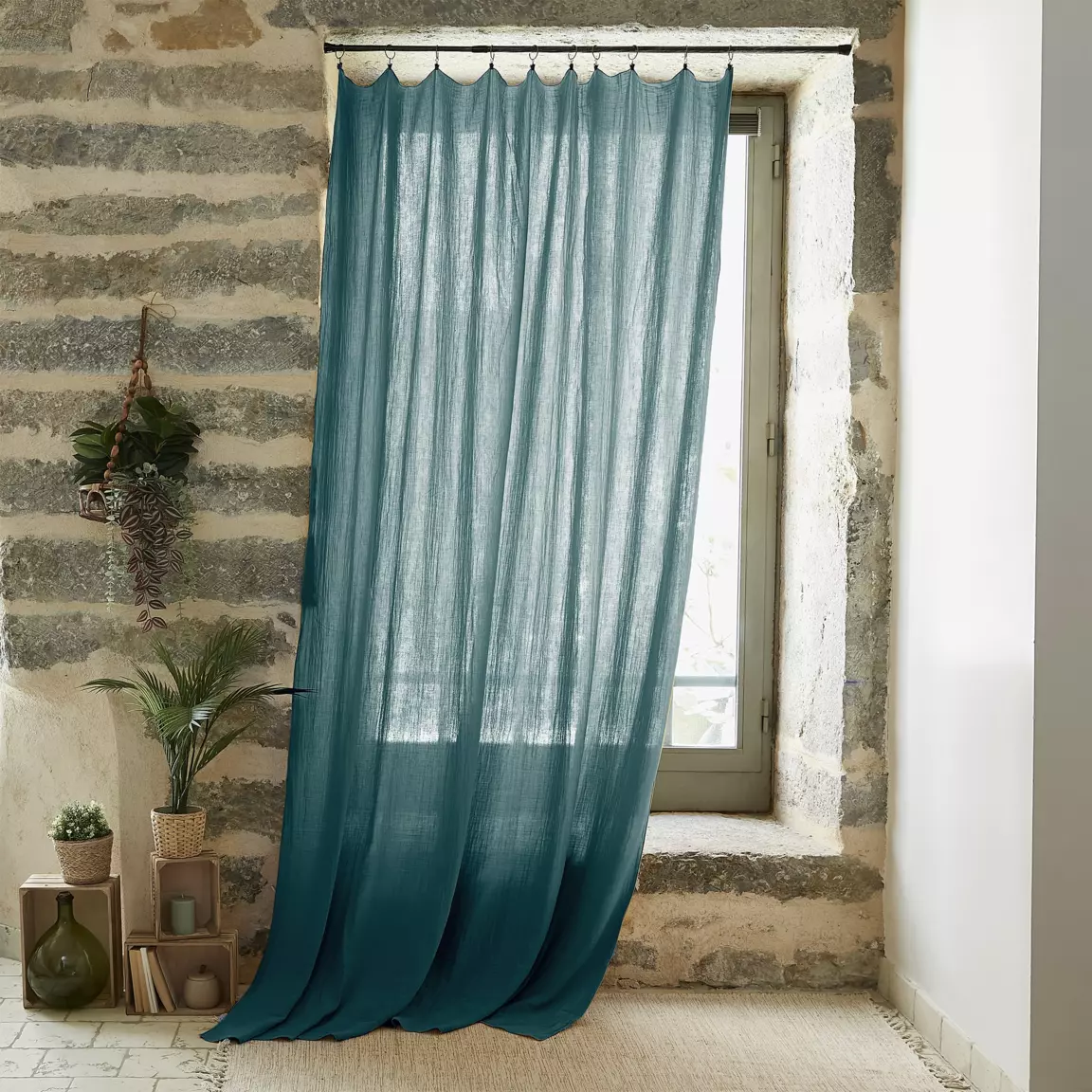 Rideau gaze de coton ajustable (140 x max 300 cm) Gaïa Bleu canard