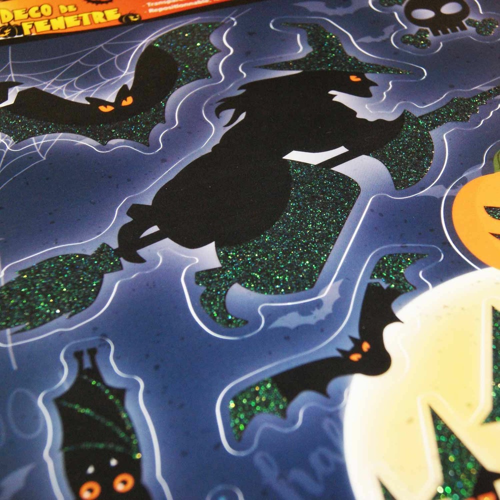 Décoration de fenêtre électrostatique halloween - sorcière - paillettes