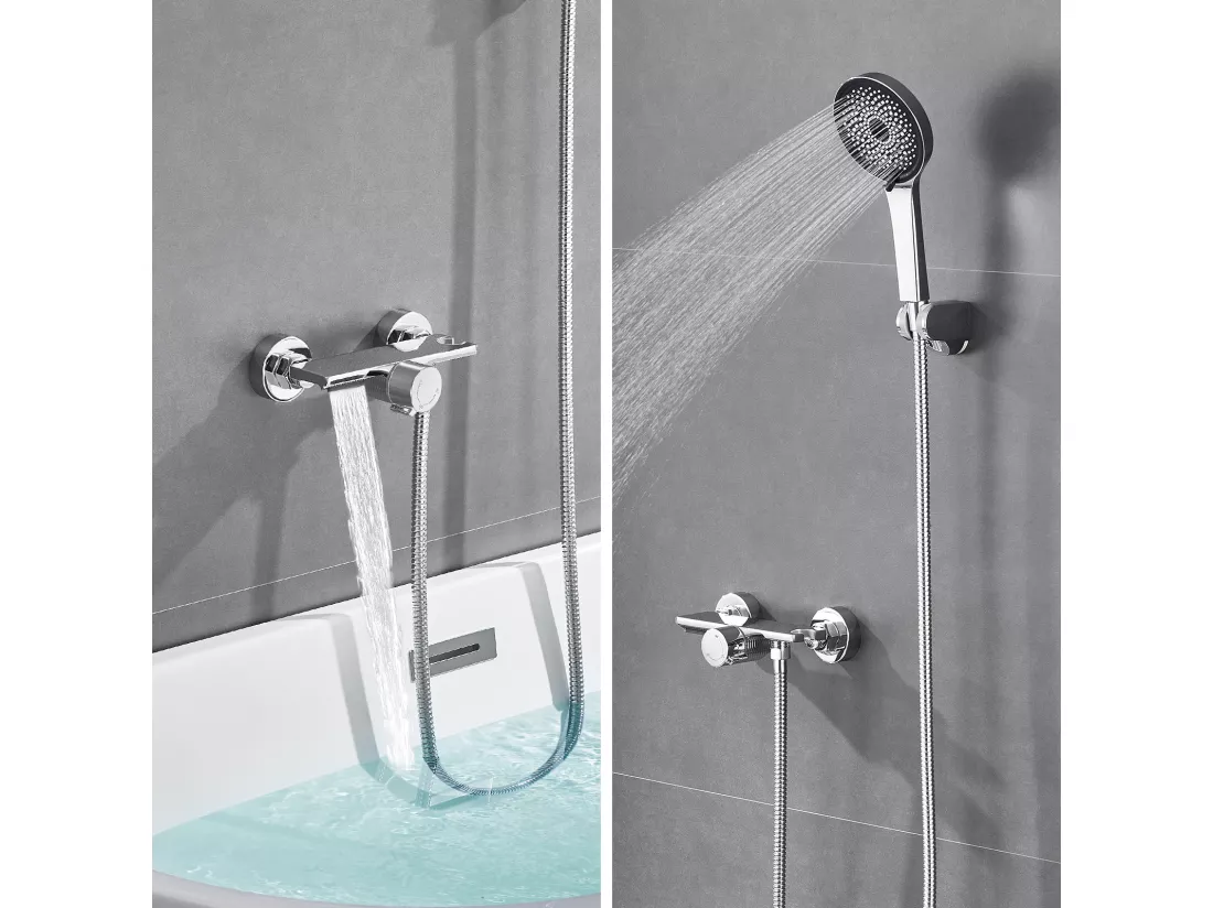 Robinet Baignoire Cascade Auralum MAX,Chromé,avec Douchette 5 Fonction,Mitigeur en Laiton,Robinet Douche ​Montage Murale avec Douche Chaud Et Froid