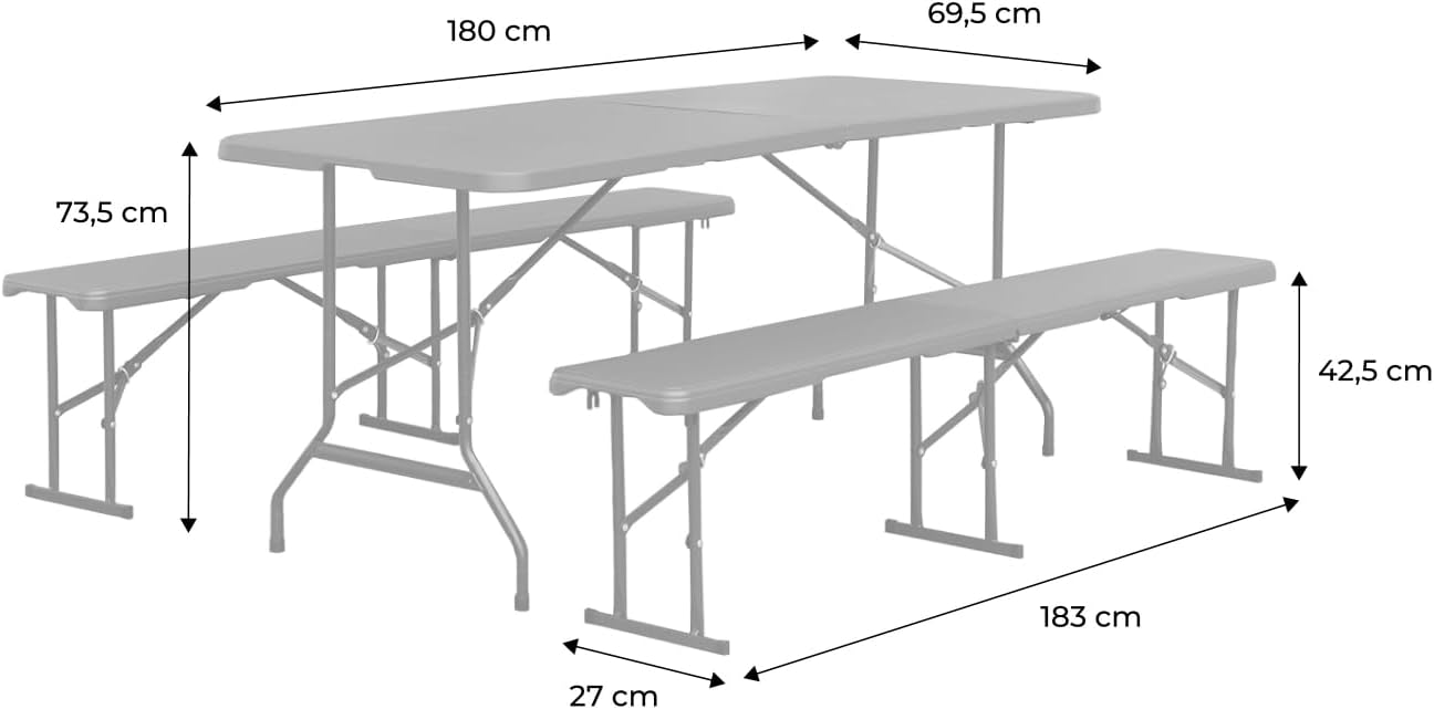 sweeek - 2er-Set Partytische 180 cm mit je 2 Bänken, klappbar, aus Stahl und Kunststoff - Fiesta