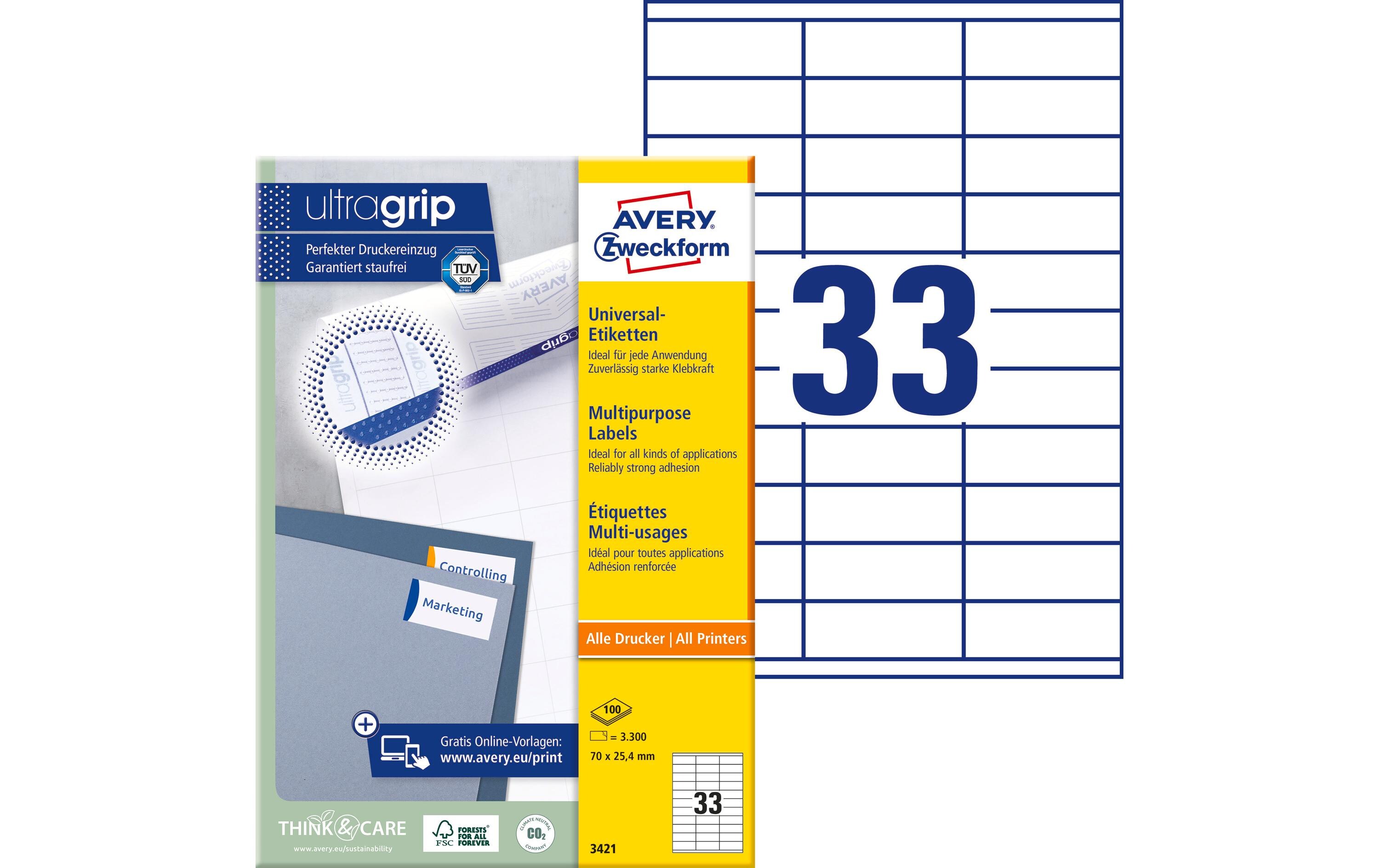 Universal-Etiketten 3421 70 x 25.4 mm, 100 BlattWeisse Aufkleber, permanent haftend