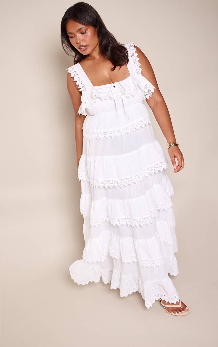 Blanc Robe Longue À Bretelles Étagée Grande Taille