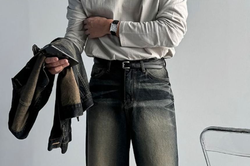 SeoulPop - Mid Waist Washed Straight Leg Jeans