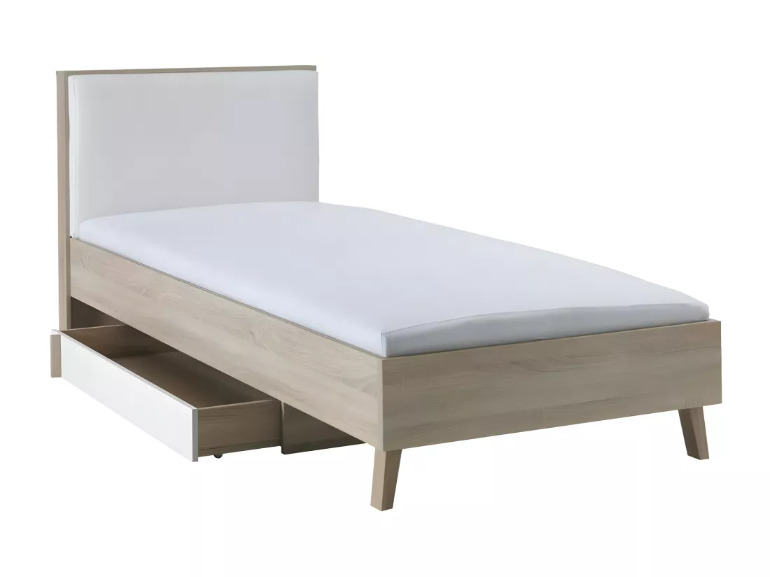 Lit enfant 90x200 avec tiroir de rangement MALMO – Coloris chêne clair et blanc