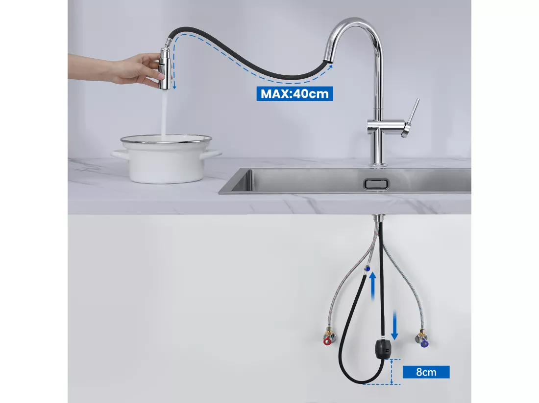 AuraLum Max Robinet Cuisine Douchette avec 2 Modes Pulvérisation,Mitigeur Cuisine avec Douchette Extractible Rotatif 360° ,Chrome,EU Modèle