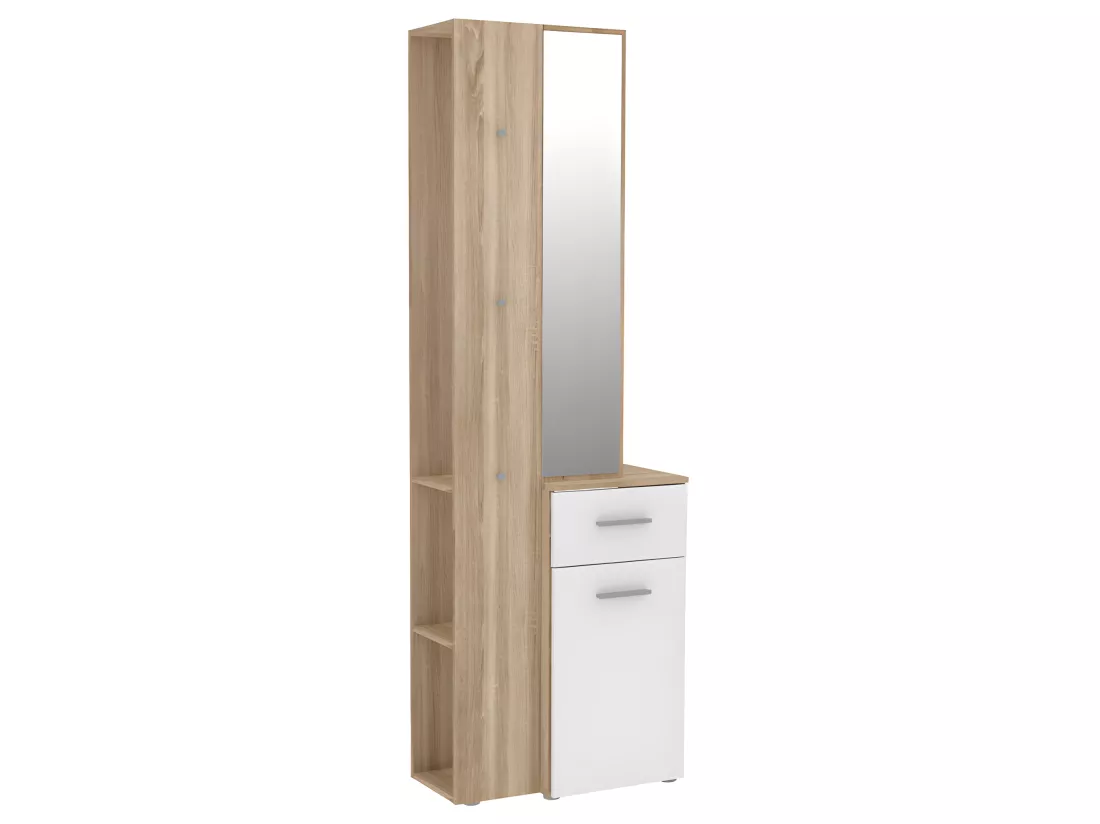 Meuble d'entrée avec miroir et rangements décor bois et blanc - NINA