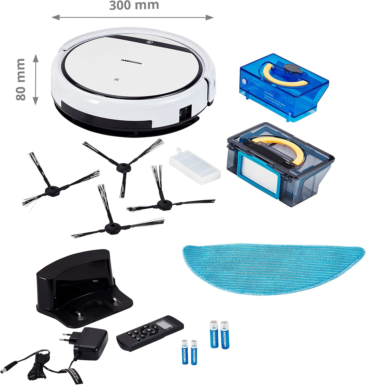 MEDION Saugroboter mit Wischfunktion E32 SW (2in1 Roboterstaubsauger für Böden Fliesen, Tierhaare Allergiker optimiert, Fernbedienung, Ladestation)