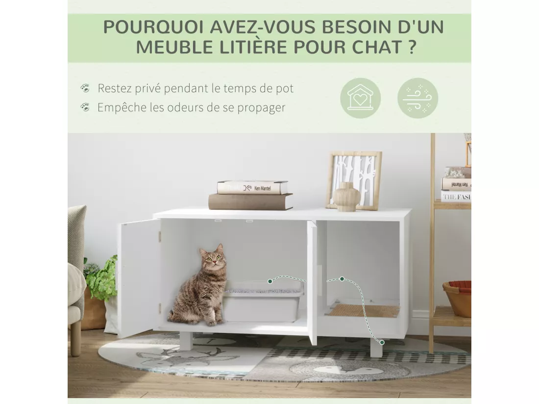 Maison de toilette pour chat - 2 portes, niche, grattoir amovible - MDF blanc