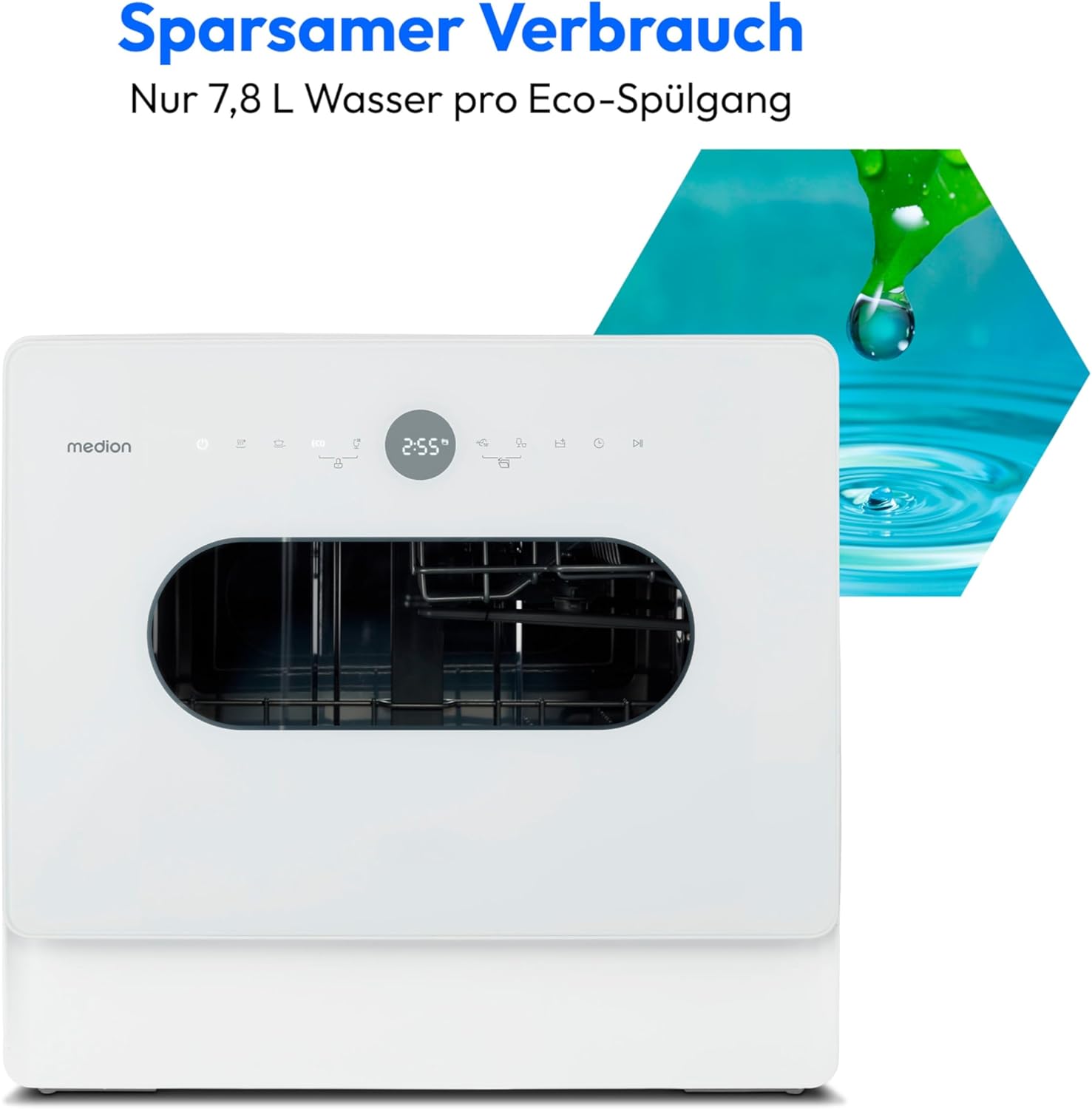 MEDION Mini Geschirrspüler DWT51 (Tischgeschirrspüler mit Touch-Bedienfeld, Eimer-Funktion, 5 Maßgedecke, funktioniert mit/ohne Wasseranschluss, 7 Reinigungsprogramme, Startzeitvorwahl, MD 37766) weiß