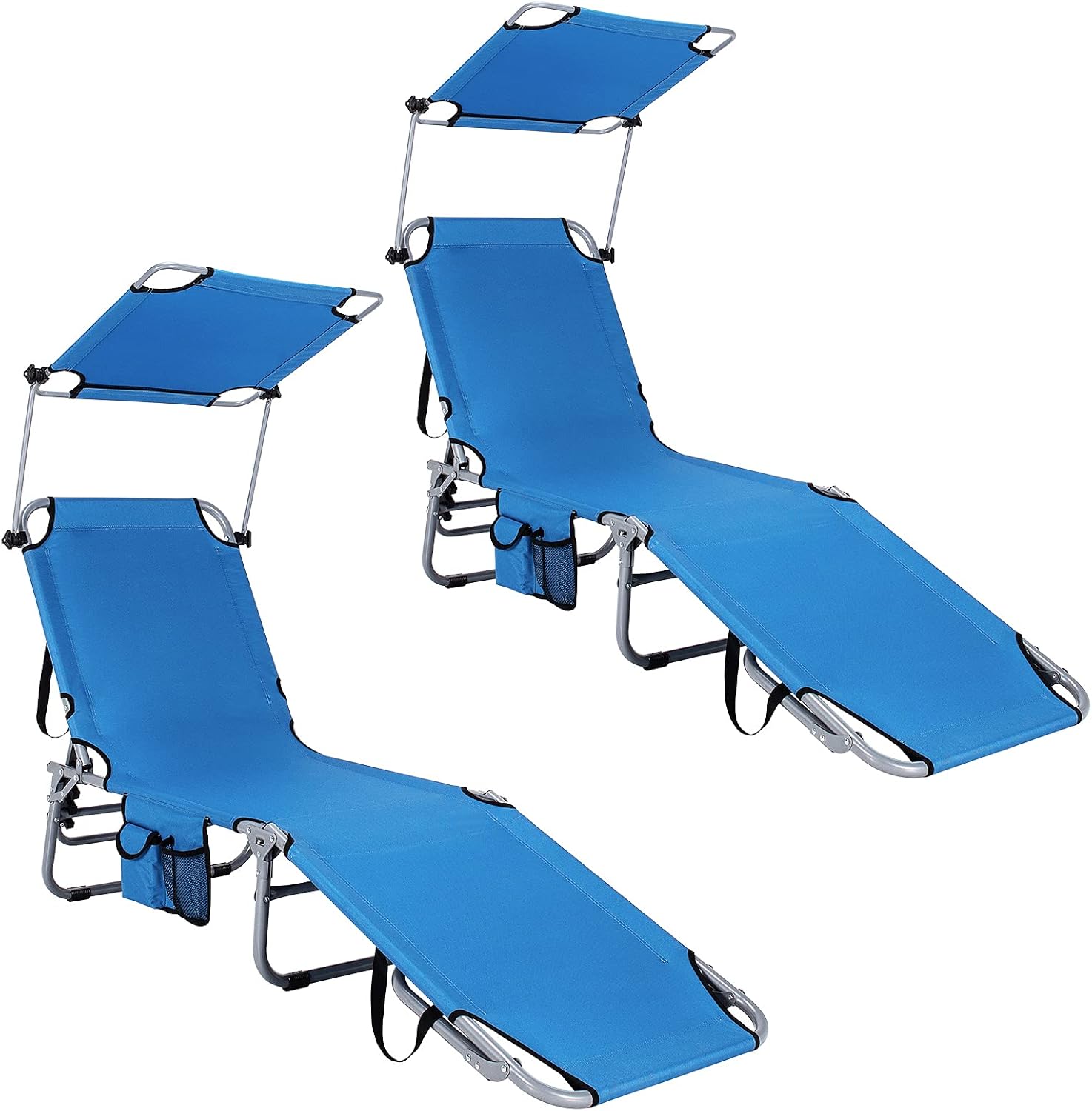 GIANTEX 2er Set Sonnenliege mit Dach, Gartenliege klappbar, Campingliege Strandliege Verstellbarer Rückenlehne, Liegestuhl mit Seitentasche, Liege Reiseliege bis 150 kg belastbar Relaxliege (Blau)