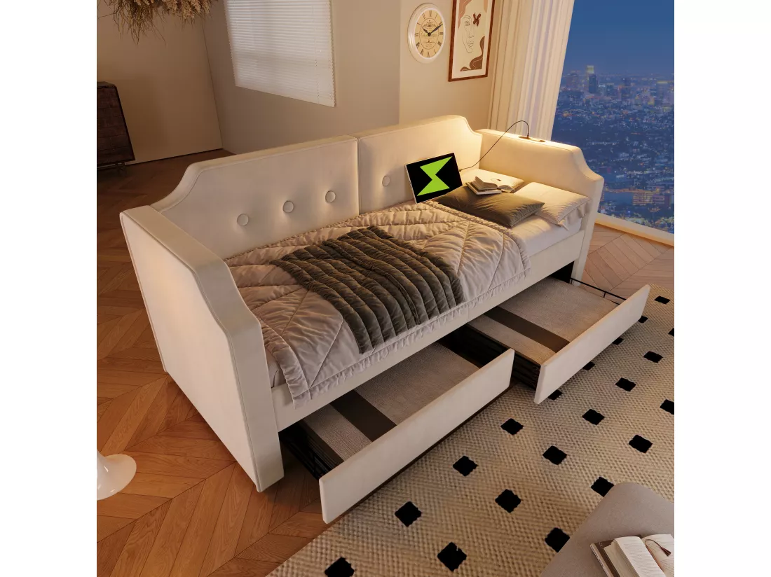 Lit capitonné 90 x 200 cm avec 2 tiroirs, canapé-lit avec 2 tiroirs, lampe de lecture et prise USB Type-C - Velours - Beige (sans matelas)