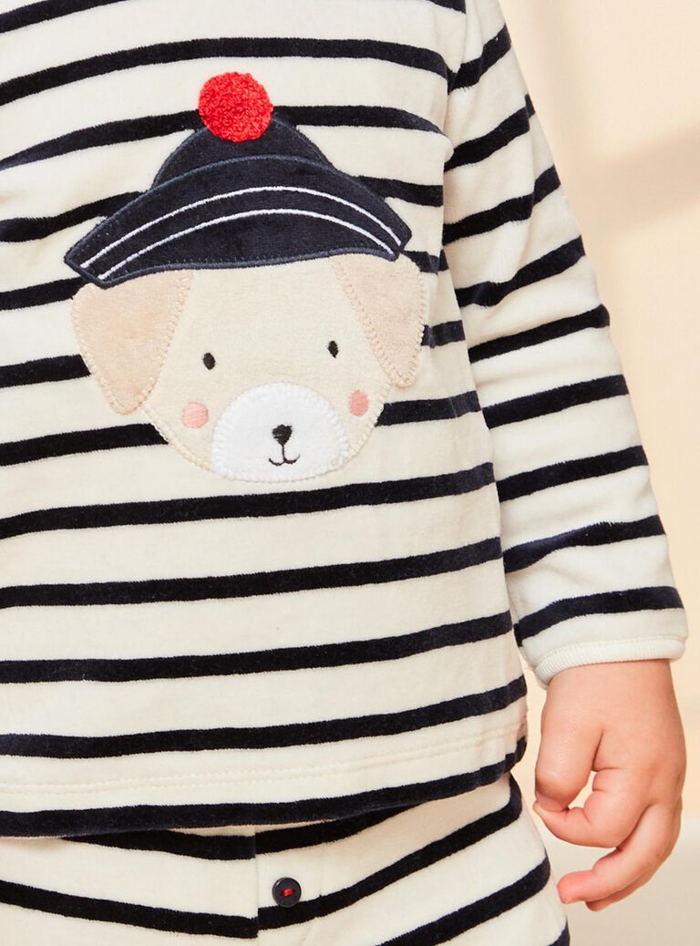 Pyjama deux pièces beige clair chiné en velours avec broderie tête de chien