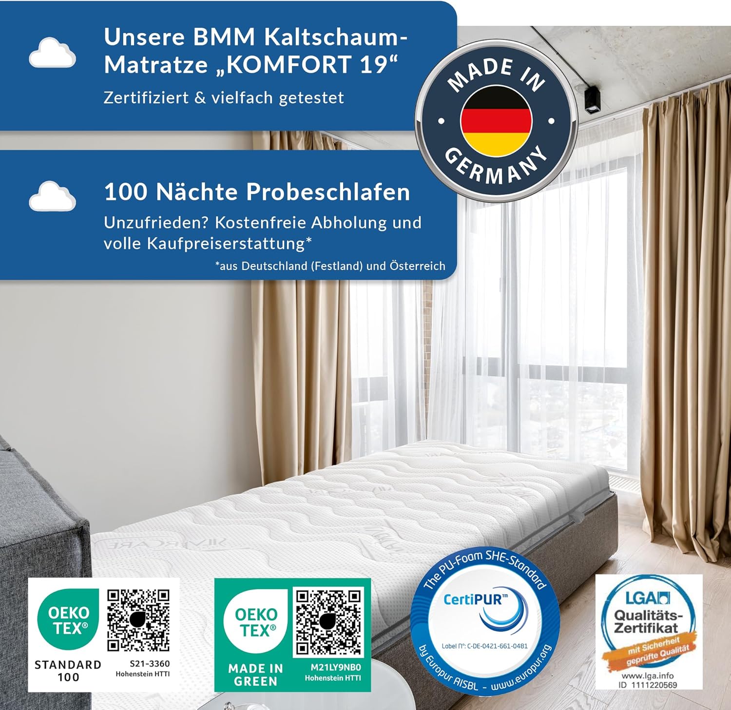 BMM Matratze 140x200 cm, Komfort 19 Härtegrad H2 medium, Kaltschaummatratze Öko-Tex Zertifiziert, ergonomische 7 Zonen, Höhe 19 cm, Matratzen produziert in Deutschland