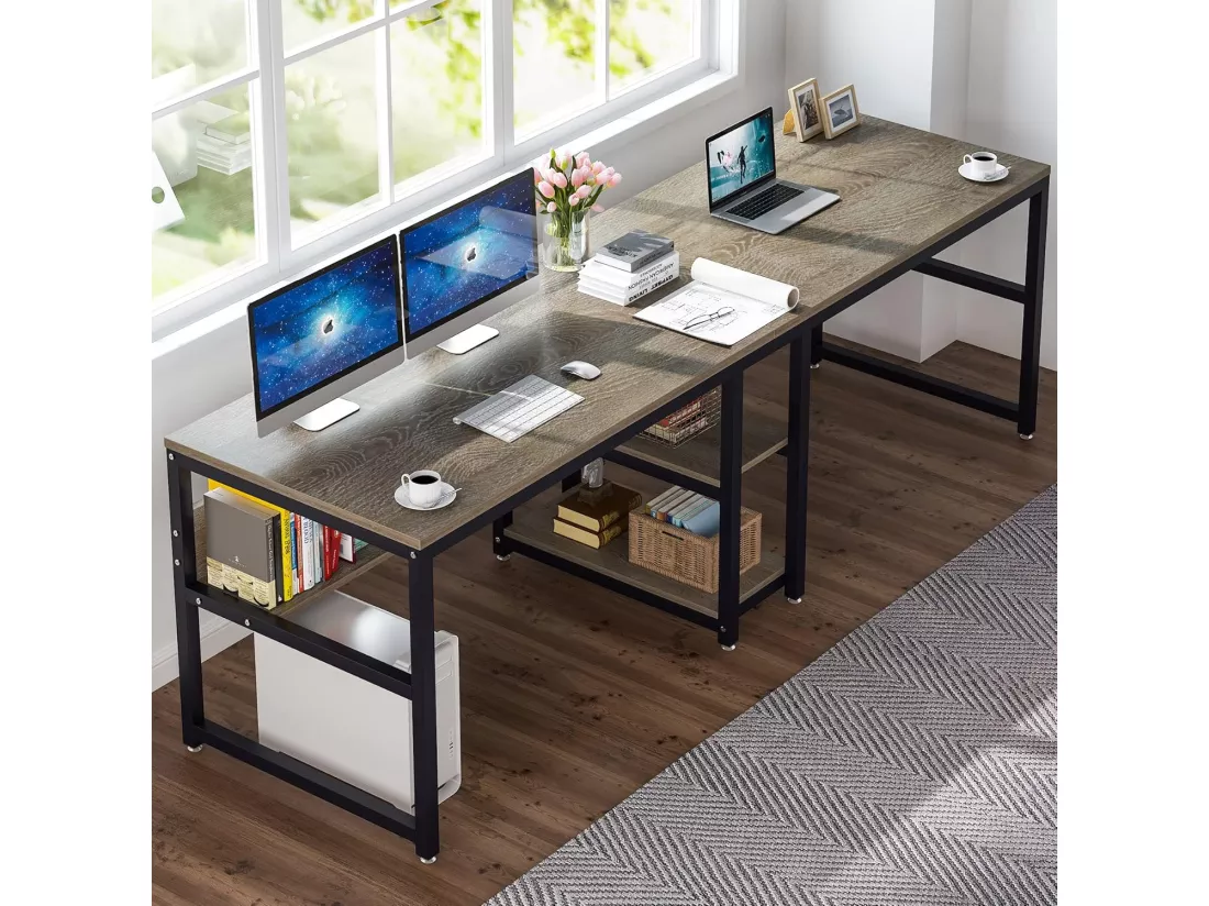 Bureau double pour 2 personnes avec bibliothèque, bureau d'ordinateur double pour deux personnes (gris)