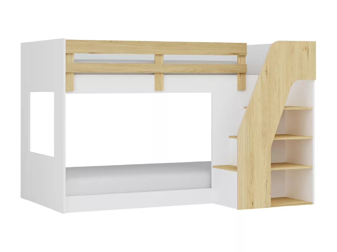 Lit superposé 90 x 190 cm - Avec rangements - Coloris : Blanc et naturel - NAROJAS