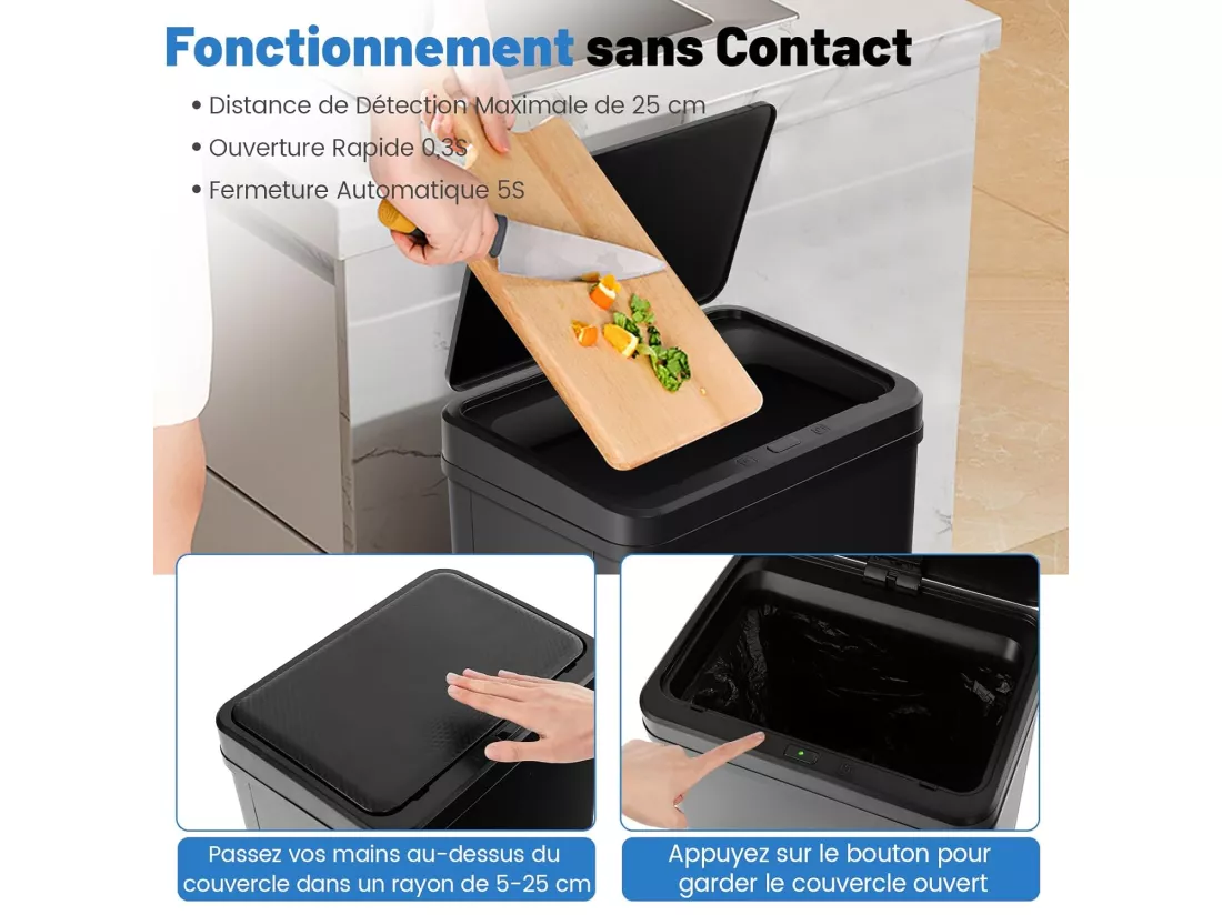 Poubelle Cuisine Automatique 50L en Acier Métal avec Cerclage, Poubelle Sur Pieds Détachables, Capteur Fermeture Automatique Douce, Anti-Empreintes, Interrupteur (Noir)