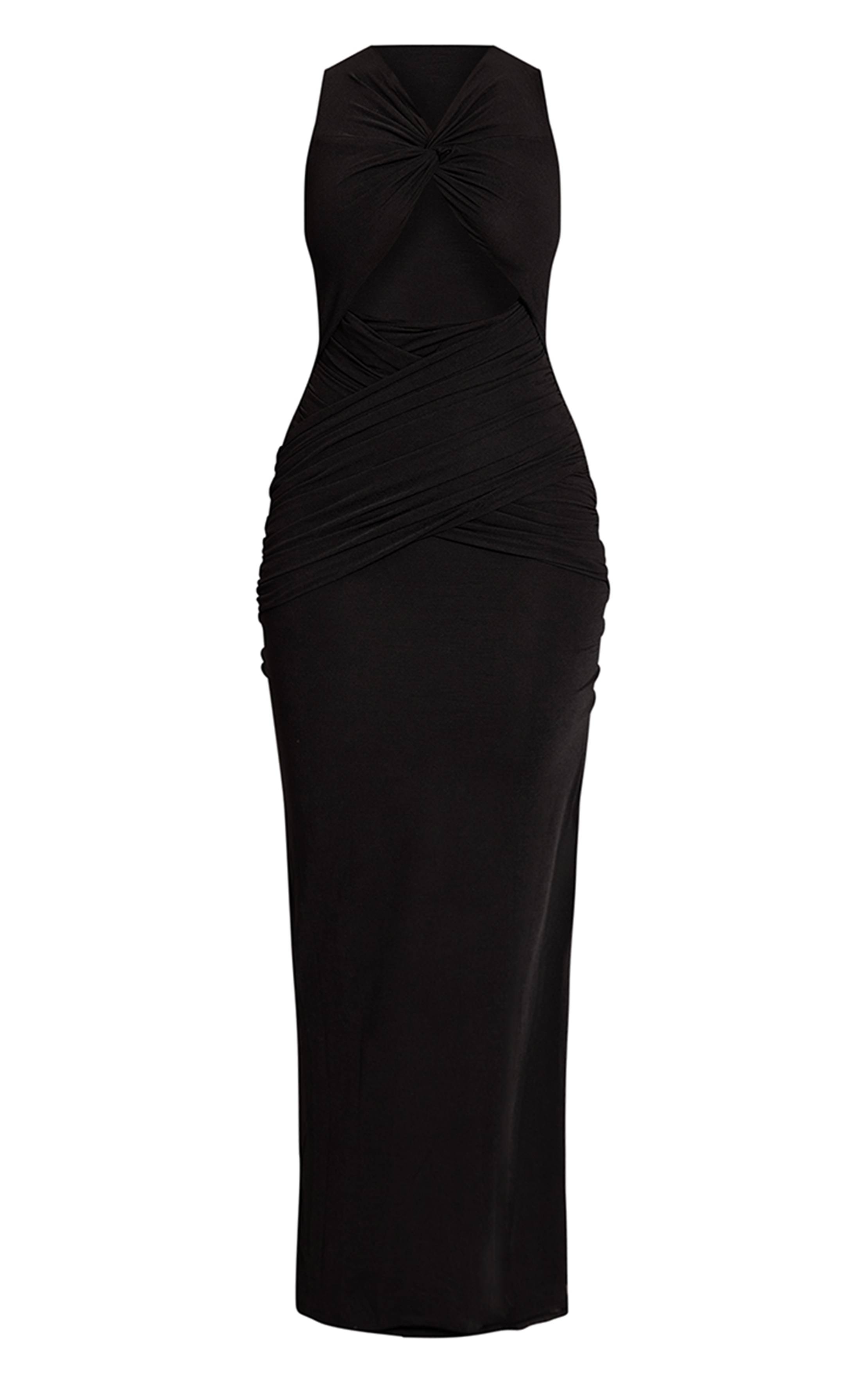 Noir Robe Longue Moulante En Mousseline Avec Découpes Et Fronces